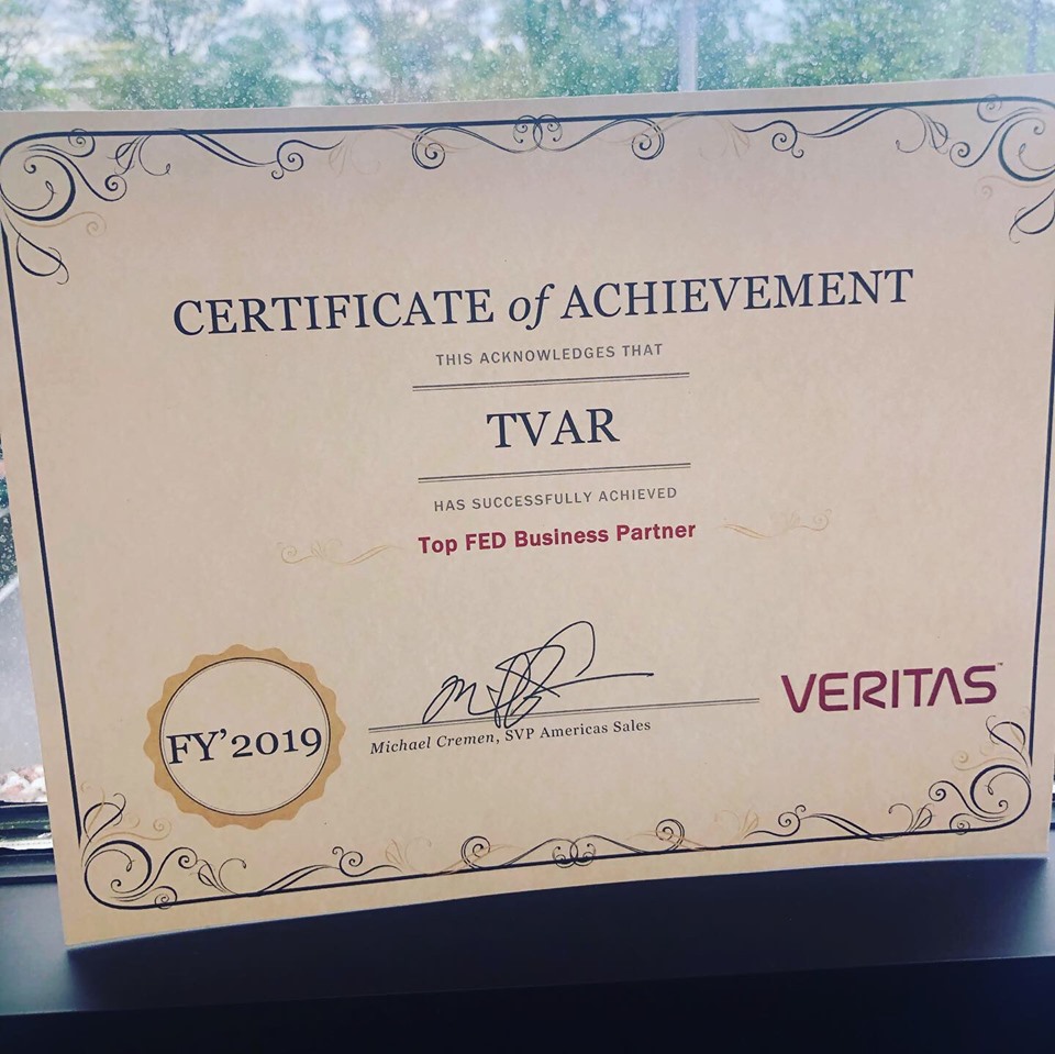 Certificate of Achievement - TVAR Solutions - Top Federal Partner of the year for FY' 2019